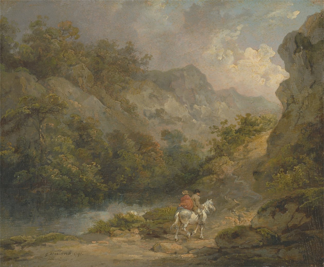 Skalisty krajobraz z dwoma mężczyznami na koniu autorstwa George Morland