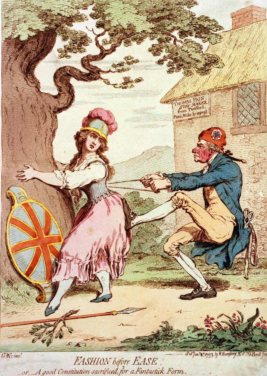 Fashion Before Ease, or A Good Constitution Sacrificed for a Fantastic Form, pub. 1793 (rycina ręcznie kolorowana) autorstwa George Moutard Woodward