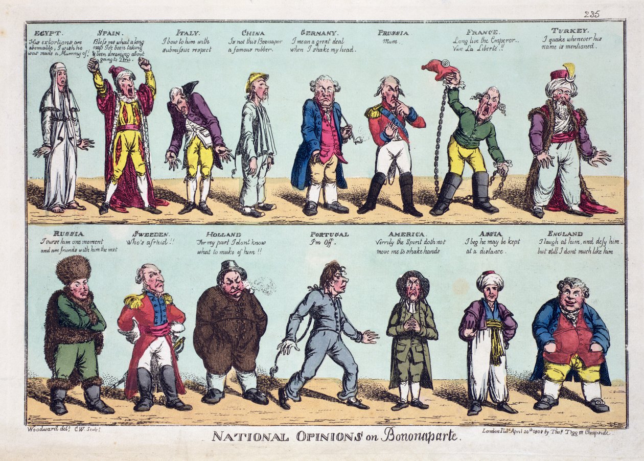 National Opinions on Bonaparte, opublikowany 20 kwietnia 1808 (kolorowa akwaforta) autorstwa George Moutard Woodward