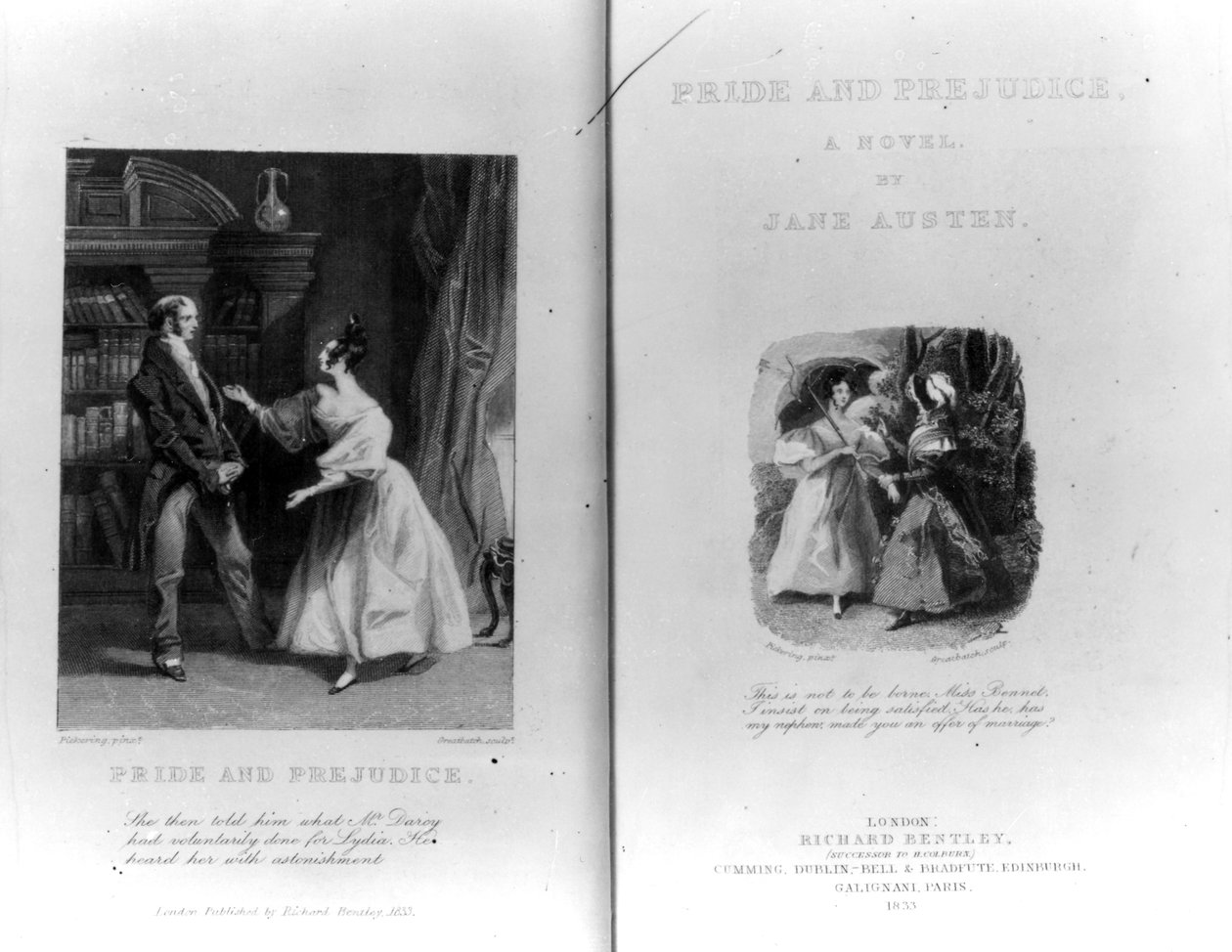 Frontyspis i strona tytułowa do „Duma i uprzedzenie” Jane Austen, sztychowane przez Williama Greatbacha, wydanie opublikowane w 1833 r. autorstwa George Pickering