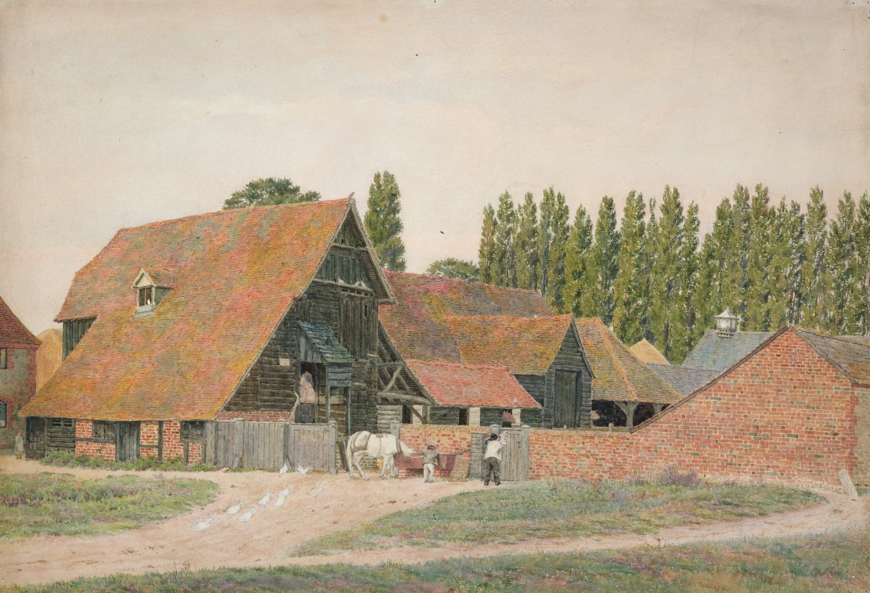 Budynki rolnicze, Dorchester, Oxfordshire (wc nad ołówkiem na papierze) autorstwa George Price Boyce