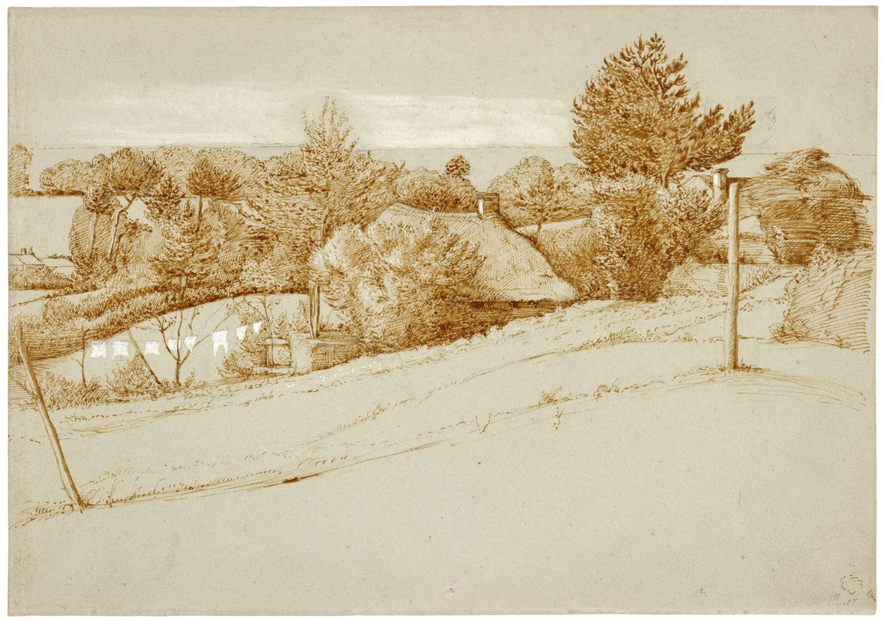 Zalesiony krajobraz z domkiem autorstwa George Richmond