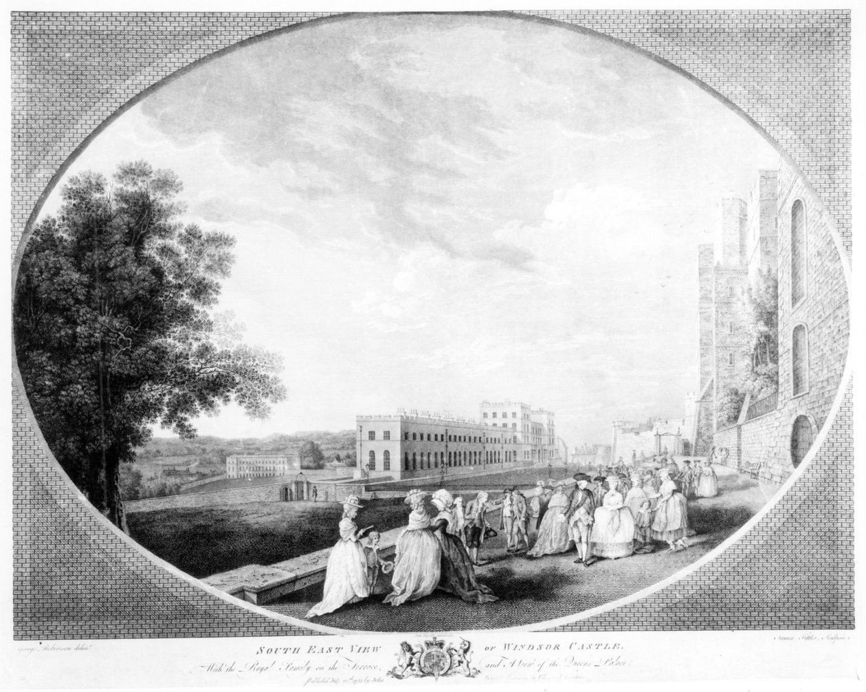 Widok południowo-wschodni na zamek Windsor, z rodziną królewską na tarasie i widokiem na Pałac Królowej, rytowany przez Jamesa Fittlera, 1783 autorstwa George Edward Robertson