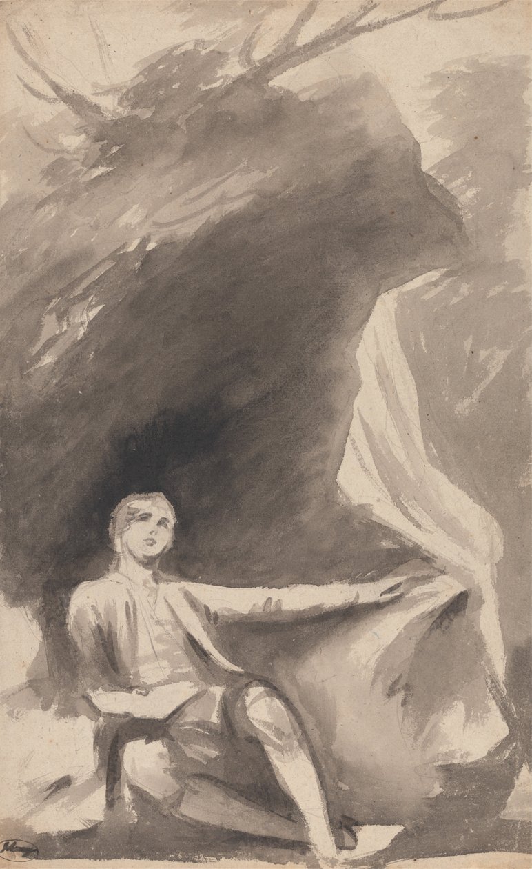 Chłopiec siedzący pod kamieniem autorstwa George Romney