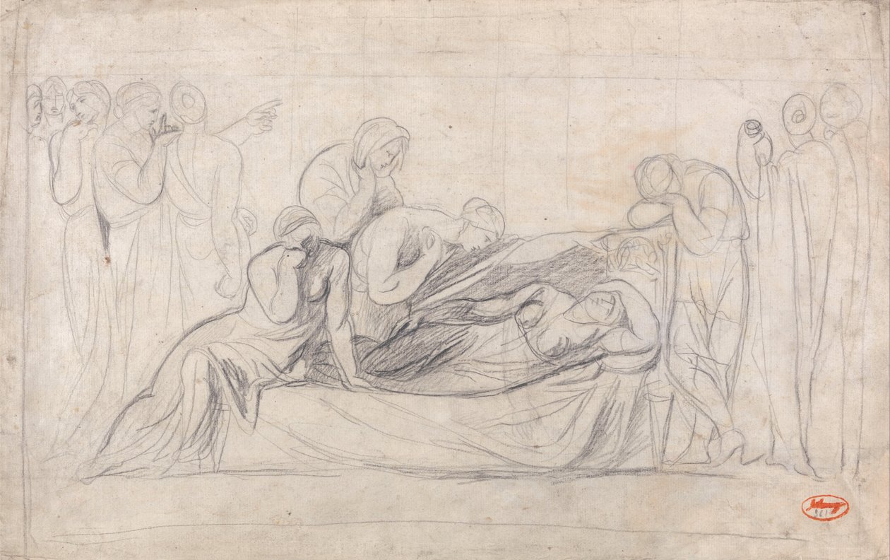 Postacie w żałobie przy marach kobiety autorstwa George Romney