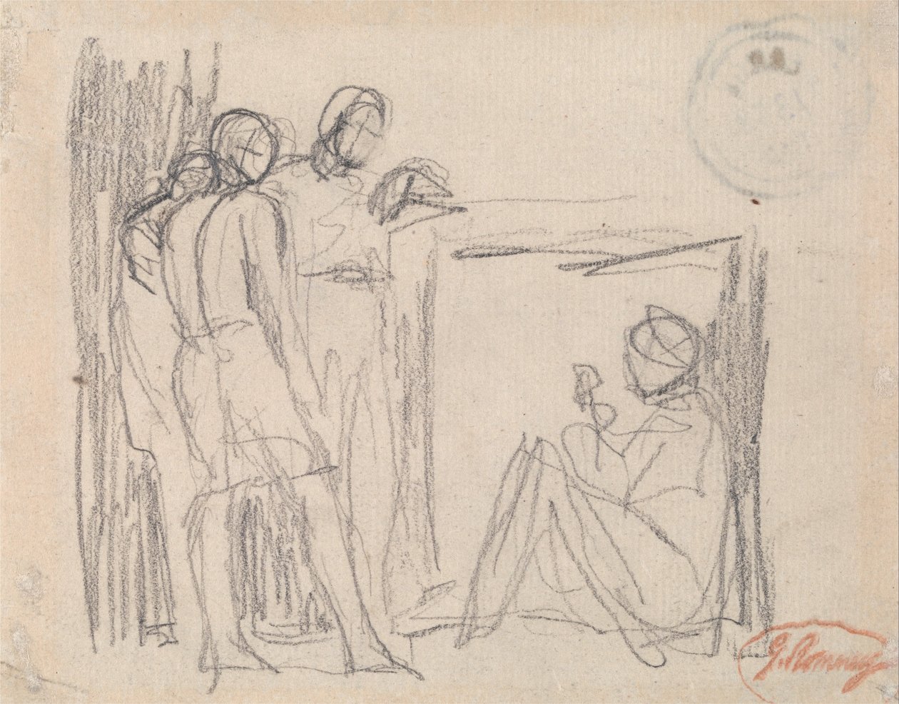 Trzy stojące postacie przed siedzącą postacią autorstwa George Romney