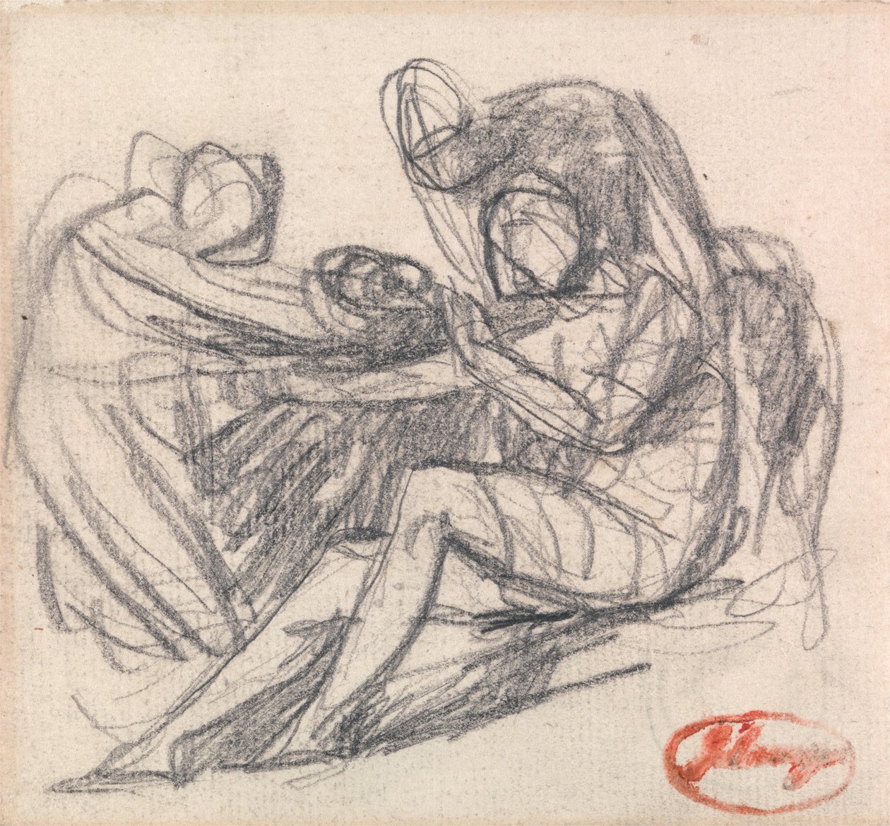Dwie postacie pomagające siedzącej postaci autorstwa George Romney