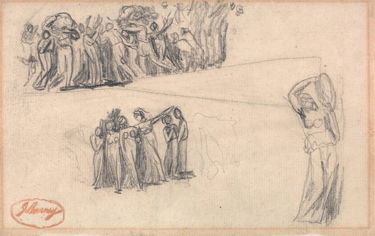 Dwa szkice kobiet i dzieci uciekających i stojących kobieca postać grająca na tamburynie jak dla pani... autorstwa George Romney