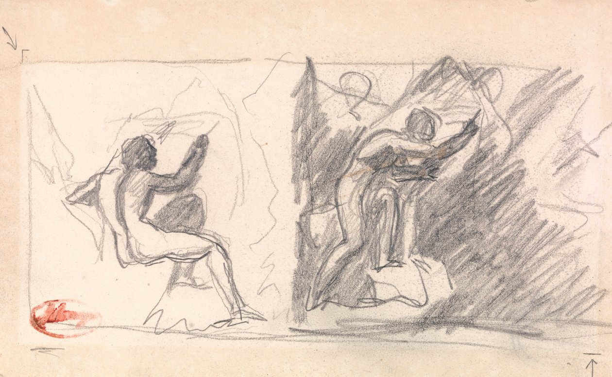 Dwa szkice - siedzący mężczyzna nago, widok z tyłu; Stojąca postać, gestykulująca autorstwa George Romney