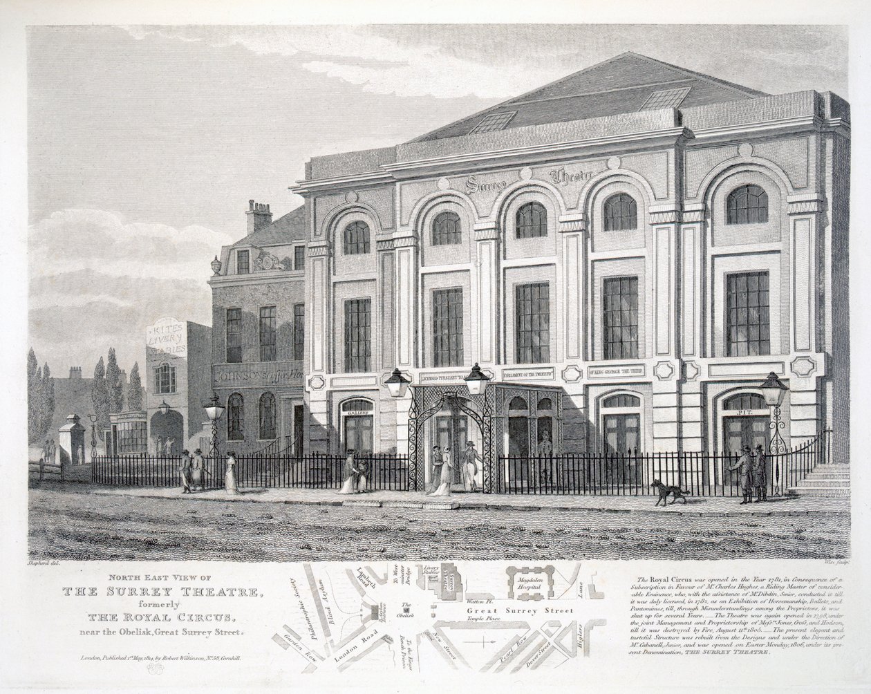 North East View of the Surrey Theatre, formerly The Royal Circus, near the Obelisk, Great Surrey Street, engraved by William Wise (fl.1790-1818), pub. by Robert Wilkinson, London autorstwa George Shepherd