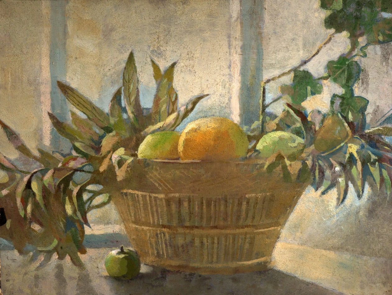 Owoce i Liście w Koszu (tempera na drewnie) autorstwa George Sheringham