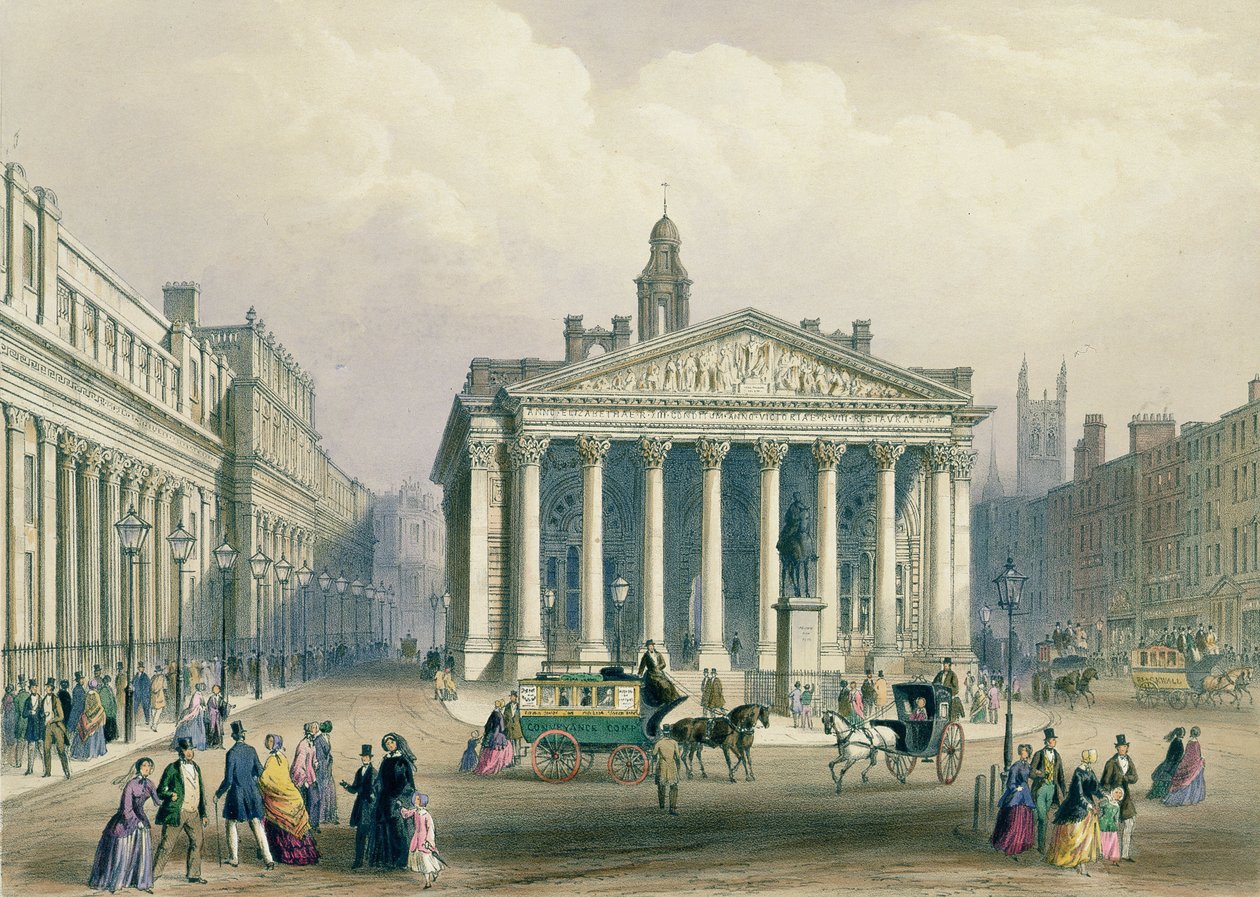 The Royal Exchange and the Bank of England, litografia T. Pickena, wydrukowana przez Day und Son, opublikowana przez Rudolpha Ackermana, 1851 r. autorstwa George Shepherd