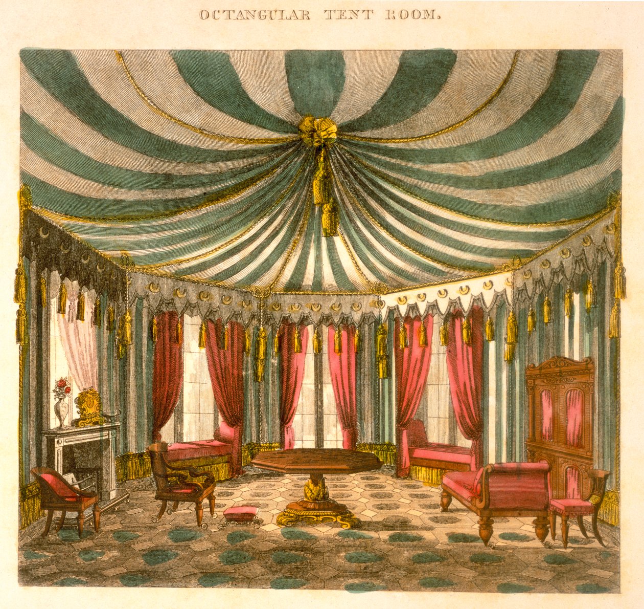 Namiot ośmiokątny, z Poradnika stolarza i tapicera, będący kompletną książką rysunkową, Pub Jones und Co, Smith, George (1783-1869), 1826, grawerowanie kolorowe autorstwa George Smith