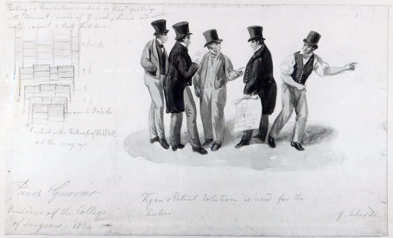 Budowniczowie, geodeci i architekci w budynku Królewskiego Kolegium Chirurgów, 1834 autorstwa George Snr Scharf