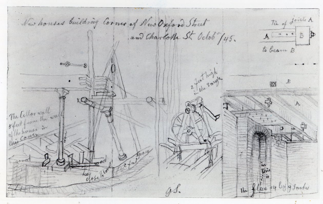 Budowa nowych domów na rogu New Oxford Street i Charlotte Street, 1845 autorstwa George Snr Scharf