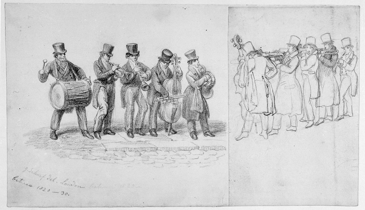 Londyńscy muzycy uliczni, ok. 1820-30 autorstwa George Snr Scharf