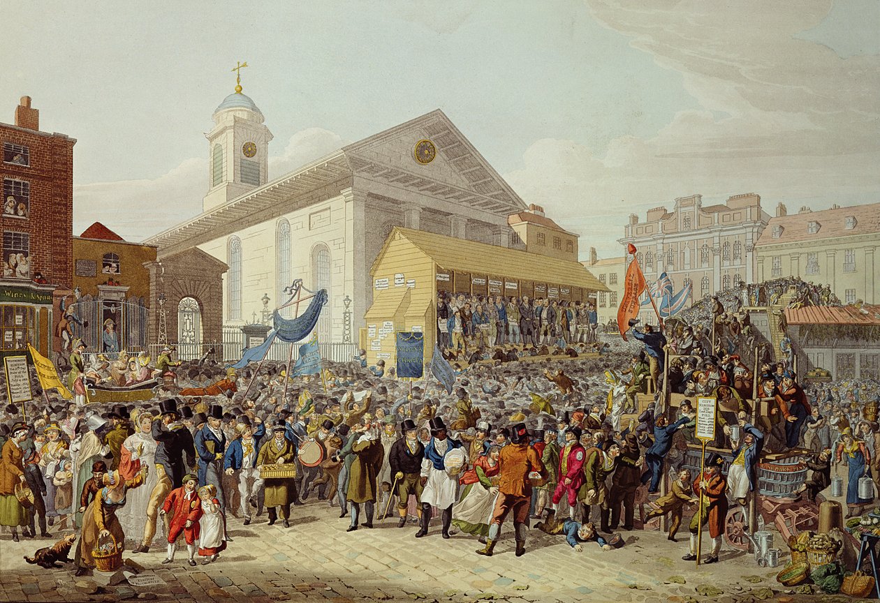 Reprezentacja Wyborów Posłów do Parlamentu Westminsterskiego, 1818 r. autorstwa George Snr Scharf