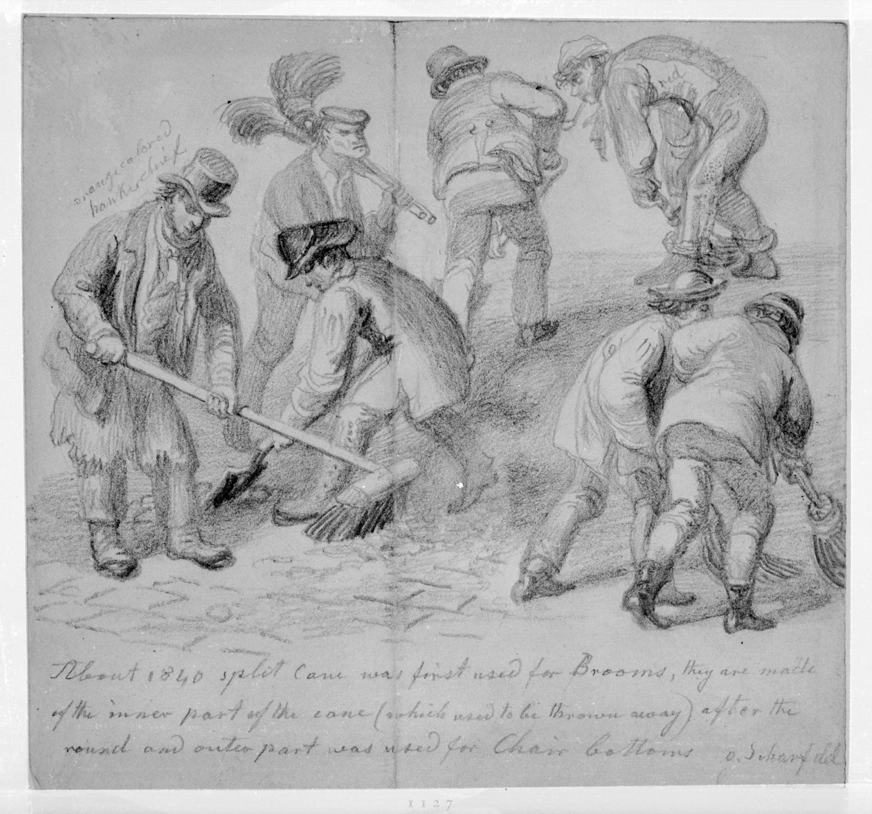 Wprowadzenie dzielonych mioteł trzcinowych dla londyńskich zamiatarek ulicznych, 1840 autorstwa George Snr Scharf