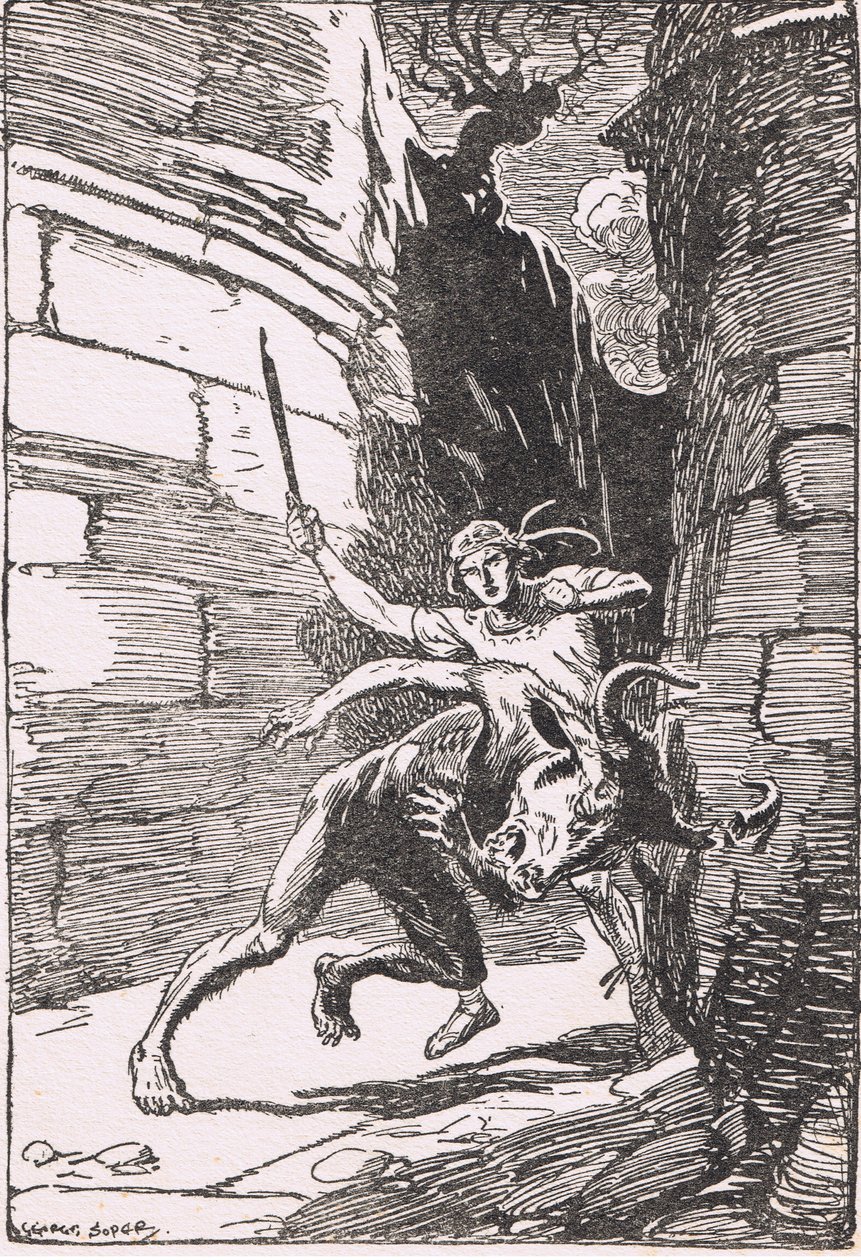 Minotaur: potwór w swoim pierwszym szaleńczym natarciu na Tezeusza, minął go o włos i złamał jeden z rogów autorstwa George Soper