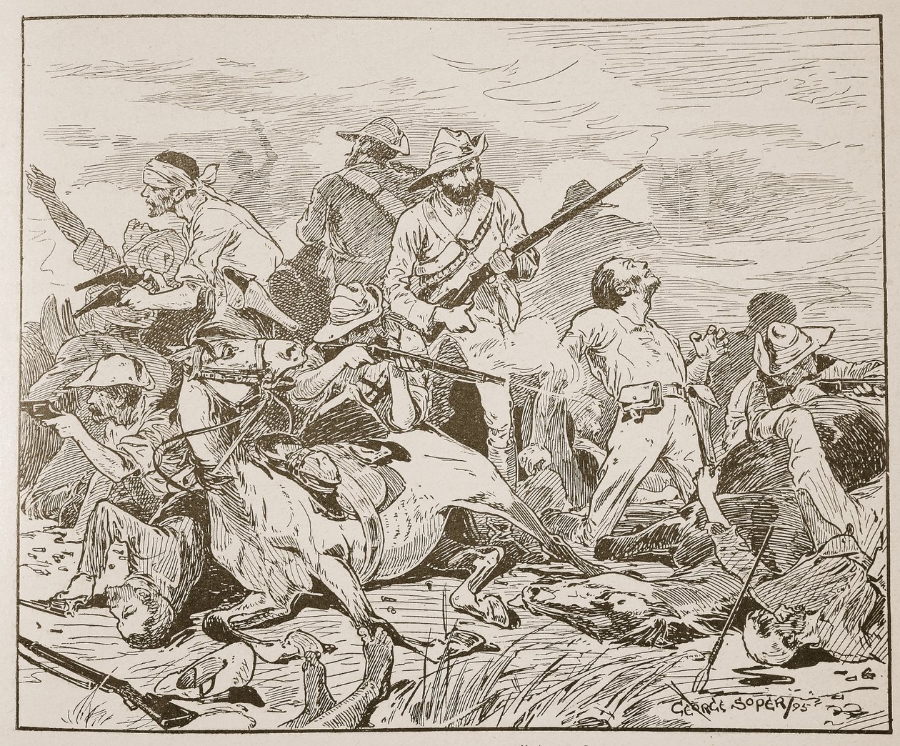 „Walczyli ponuro”, ilustracja z „Bitwy XIX wieku” Archibalda Forbesa, G.A. Henty i major Arthur Griffiths autorstwa George Soper