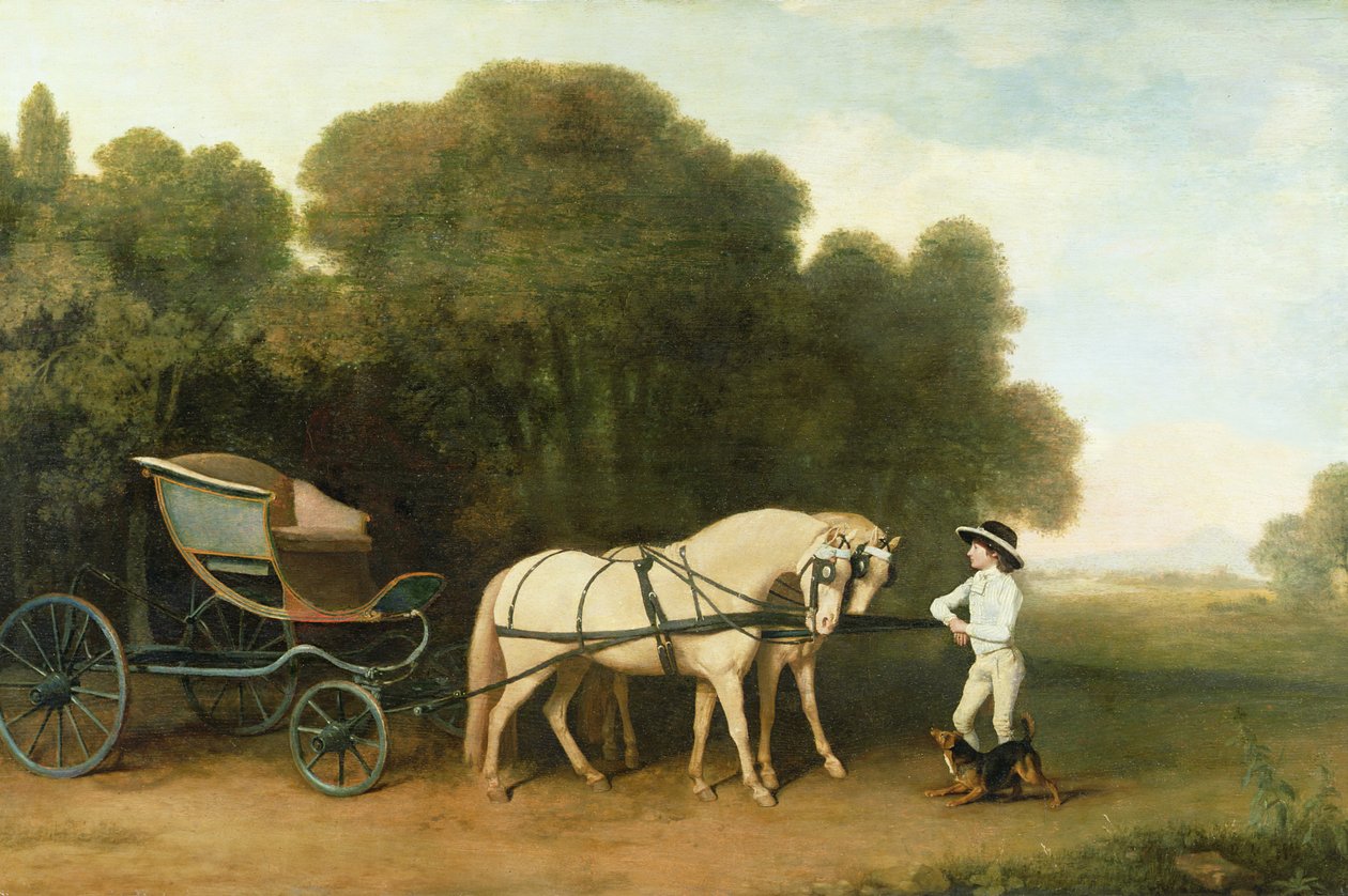 Faeton z parą kremowych kucyków pod opieką chłopca stajennego, ok. 1780-5 autorstwa George Stubbs