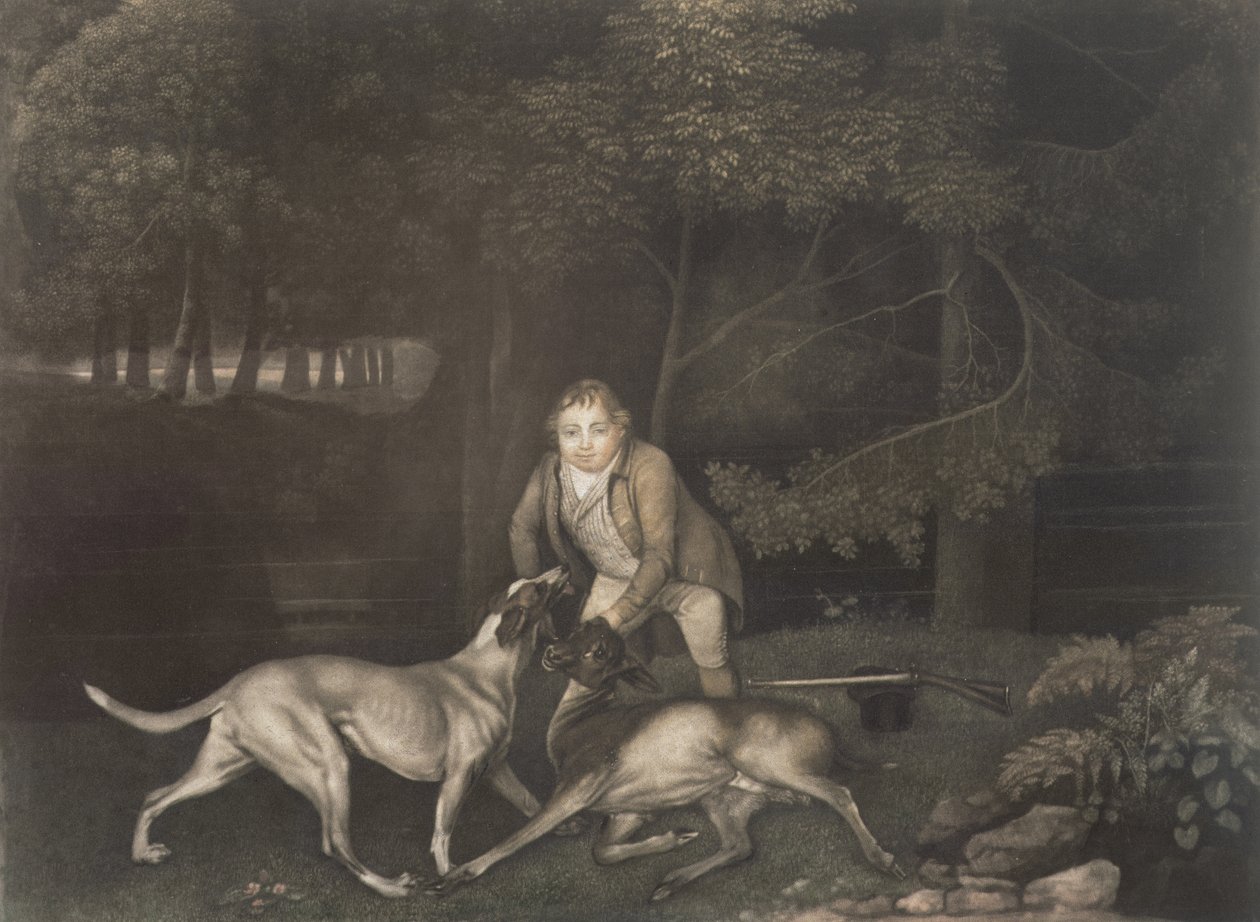 فریمن، د کلینډن د ارل ته ساتونکی، د یو ښکار او ټپي غوښې سره، 1804 (mezzotint) پولی autorstwa George Stubbs