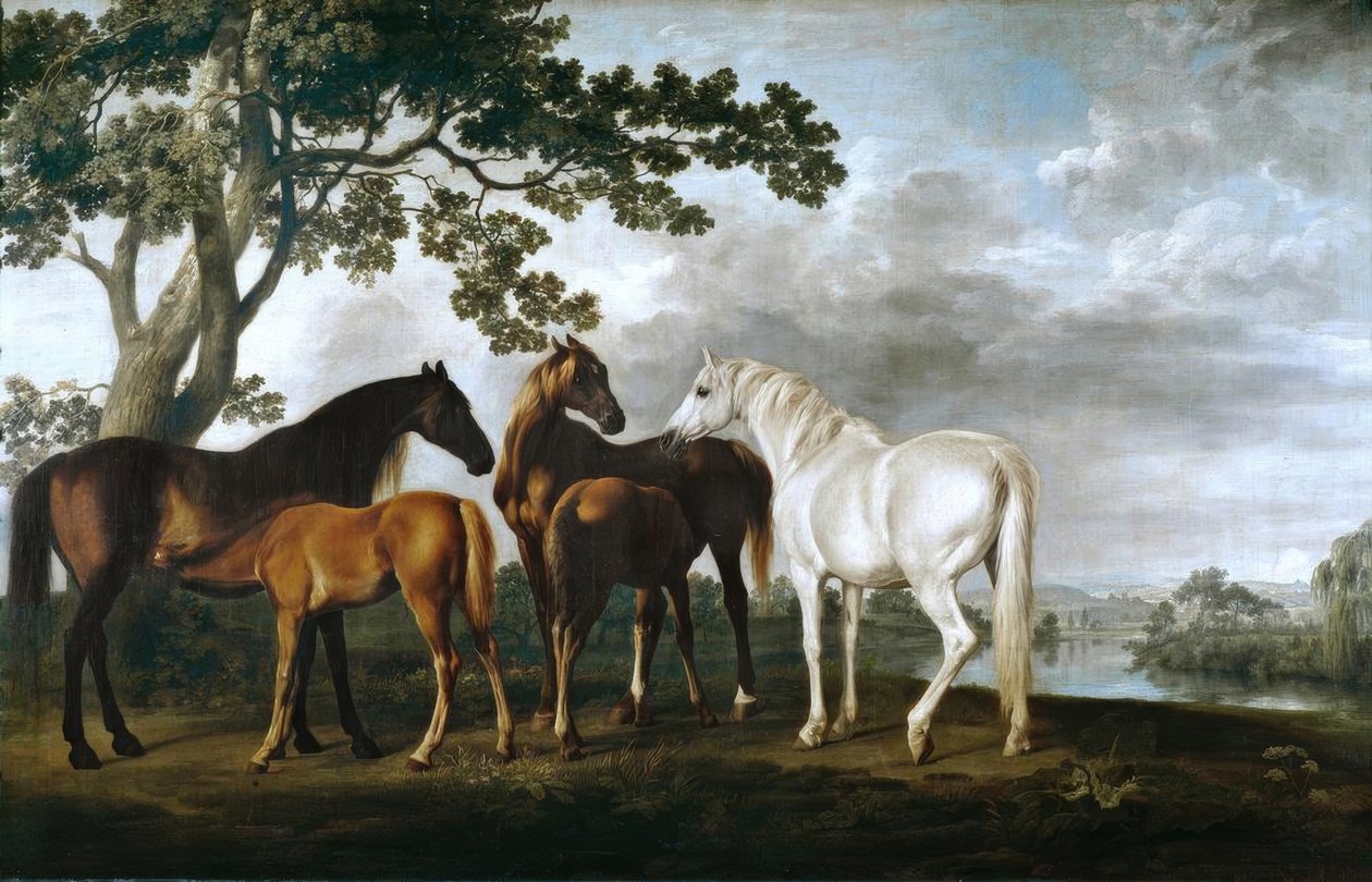 Klacze i źrebięta w krajobrazie rzecznym autorstwa George Stubbs