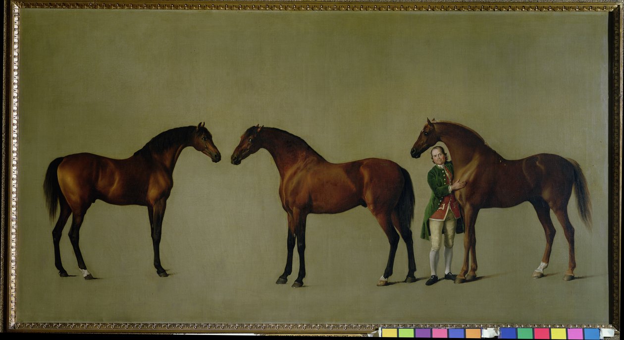 Whistlejacket i dwa inne ogiery z Simonem Cobbem, Panem Młodym, 1762 autorstwa George Stubbs
