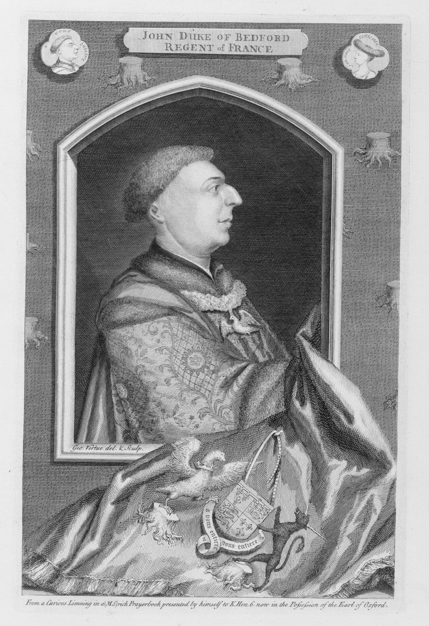 Jan z Lancaster, książę Bedford (1389-1435) według portretu w modlitewniku, rytego przez artystę autorstwa George Vertue