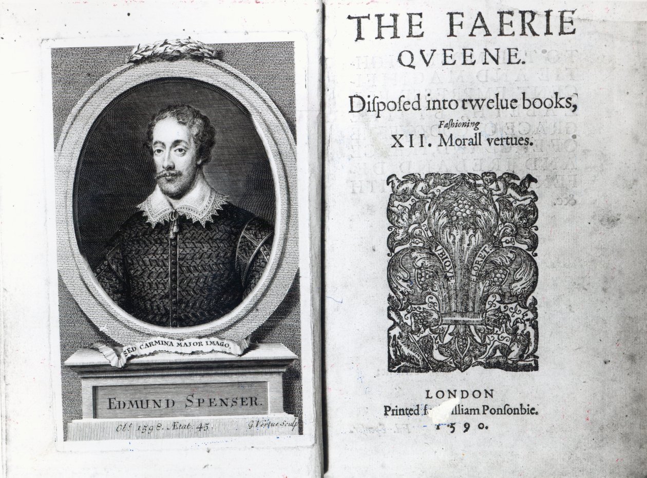 Portret Edmunda Spensera i frontyspis do jego wiersza „The Faerie Queene”, pierwotnie opublikowany w 1590 roku autorstwa George Vertue