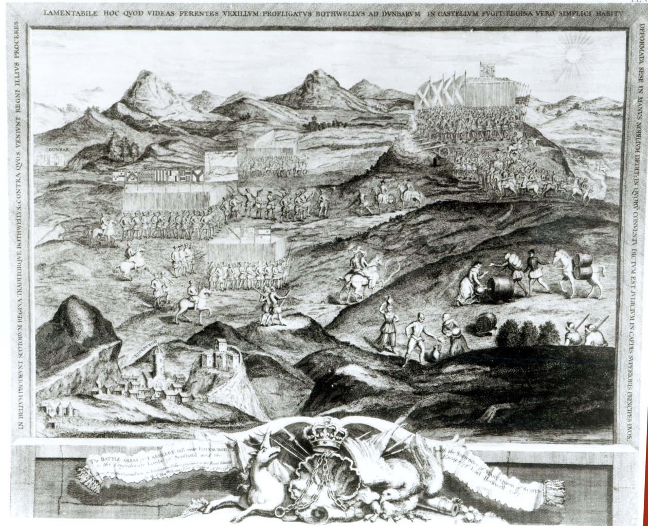 Tablica bitewna Carberry Hill niedaleko Edynburga z poddaniem się Maryi, królowej Szkotów konfederackim Lordom Szkocji i ucieczką hrabiego Bothwella w 1567, ryty przez artystę, 1743 ( autorstwa George Vertue