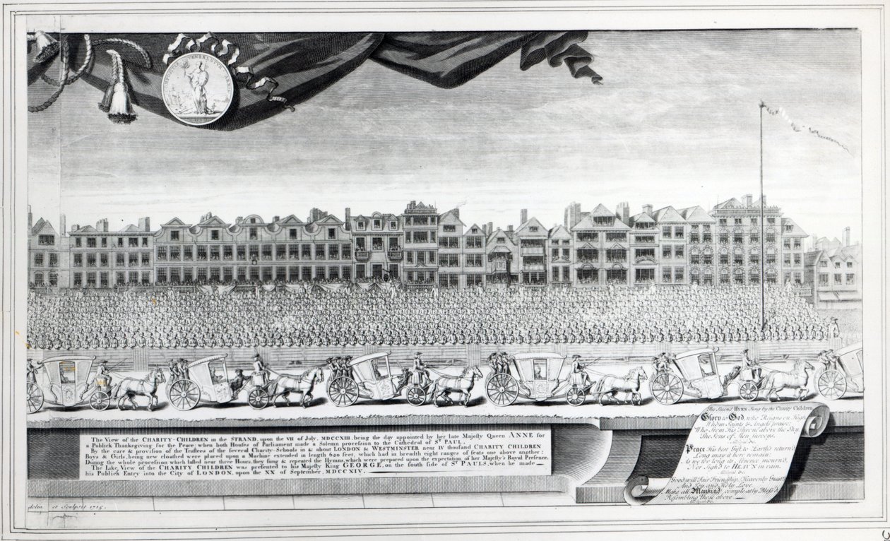 Widok Dzieci Dobroczynności w Strand, 7 lipca 1713, druk wykonany w 1715 r. autorstwa George Vertue
