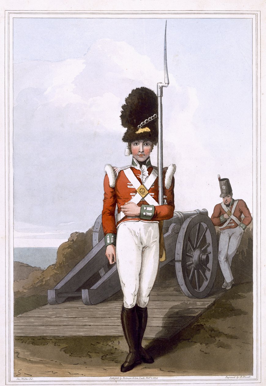 Grenadier z Pierwszej Milicji Zachodniego Yorku, rytowany przez Roberta Havella Starszego, opublikowany w 1814 przez Robinson and Son, Leeds autorstwa George Walker