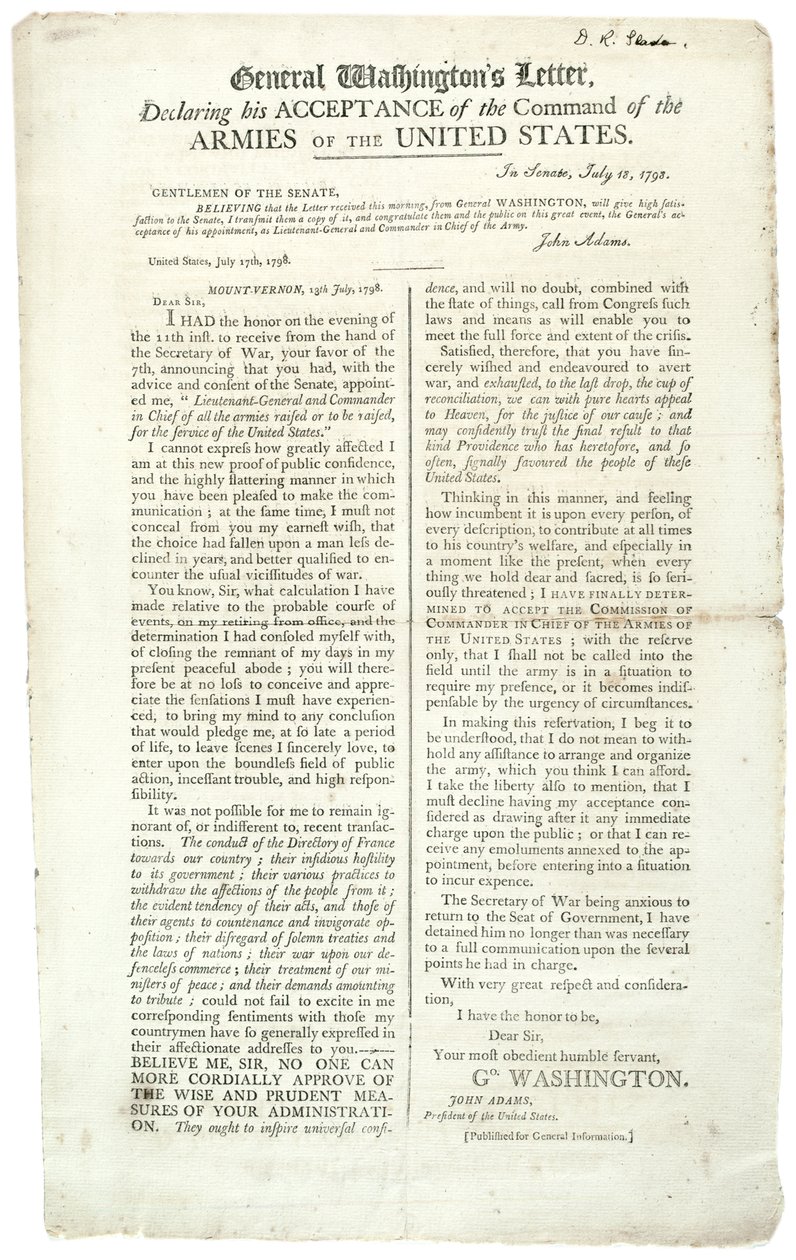 List generała Waszyngtona deklarujący przyjęcie dowództwa, 18 lipca 1798 r. autorstwa George Washington