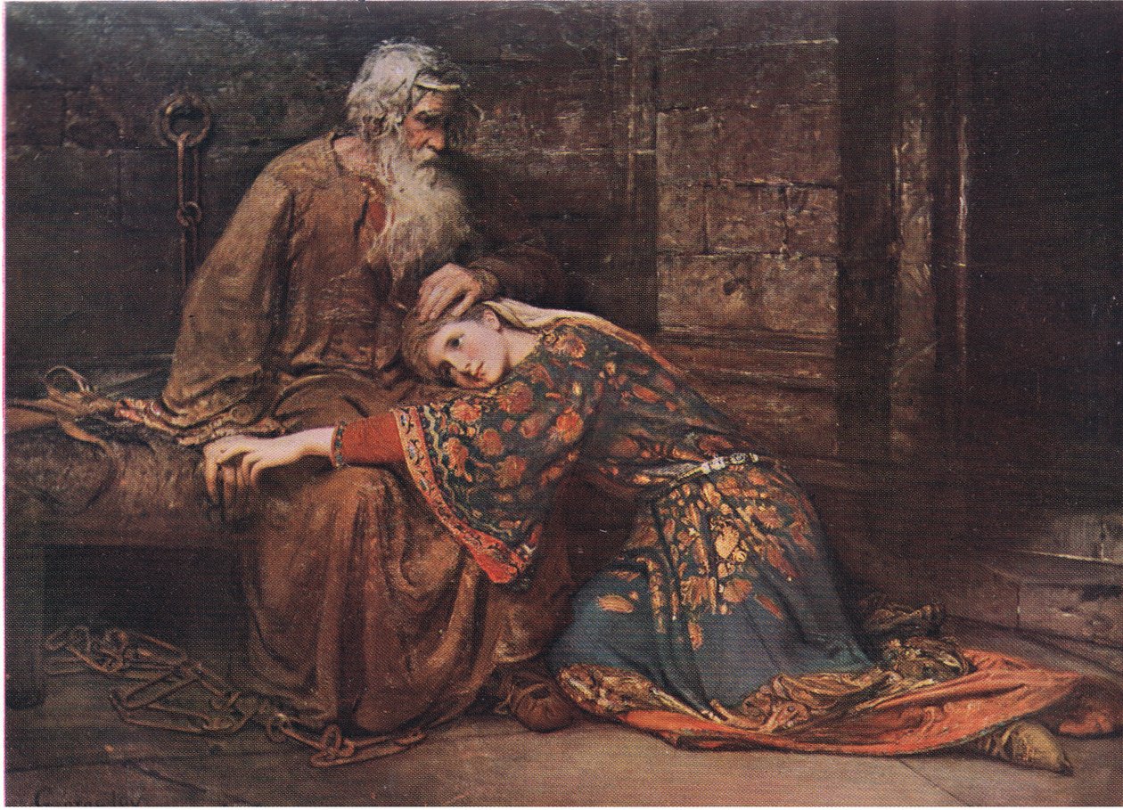 Cordelia pociesza króla Leara w więzieniu (Król Lear) My dwoje sami będziemy śpiewać jak ptaki w klatce, z The Complete Works of William Shakespeare pub. by J Coker & Co Ltd autorstwa George William Joy