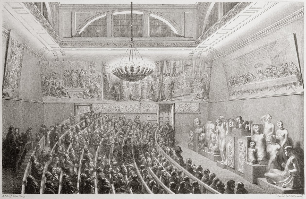 Sir Richard Westmacott (1775-1856) wygłasza wykład o rzeźbie w Królewskiej Akademii Sztuk w Somerset House w 1830, 1830 autorstwa George the Elder Scharf