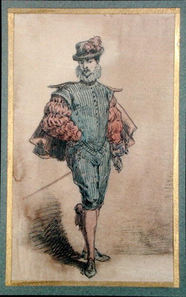 Męska postać w stroju historycznym (ołówek, atrament i akwarela na papierze) autorstwa George Sand
