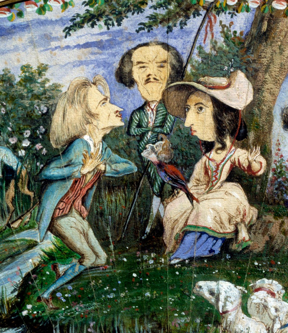 Wachlarz karykatur malowanych gwaszem przez George Sand (Aurore Dupin, Baronne Dudevant) (1804-1876) i Auguste Charpentier (1815-1880): detal przedstawiający kobietę listów George Sand w otoczeniu Eugene