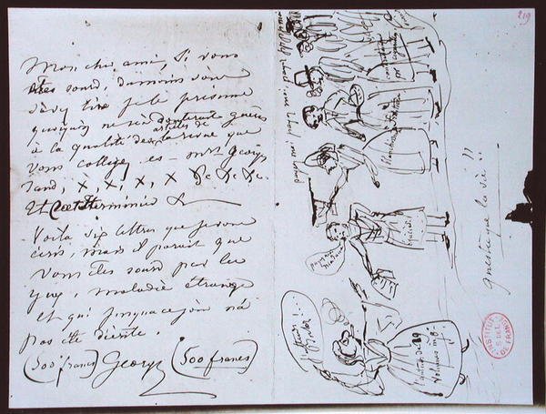 Fonds Lovenjoul E858 Ms 937 1.219 List od George Sand (1804-76) do Francois Buloza, redaktora „Revue des Deux Mondes”, z prośbą o zapłatę i karykaturą pisarki przedstawiającą się w otoczeniu wierzycieli autorstwa George Sand