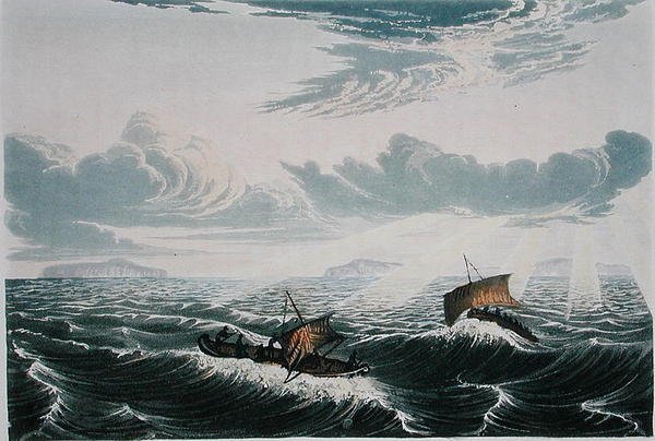 Kajak poruszający się w podmuchach wiatru o wschodzie słońca, 23 sierpnia 1821 r., z „Narracji o podróży do brzegów Morza Polarnego w latach 1819-22” autorstwa sir Johna Franklina (1786-1847) rytego przez Edwarda Findena ( 1791-1857) opublikowany 1823-28 ( autorstwa George (after) Back