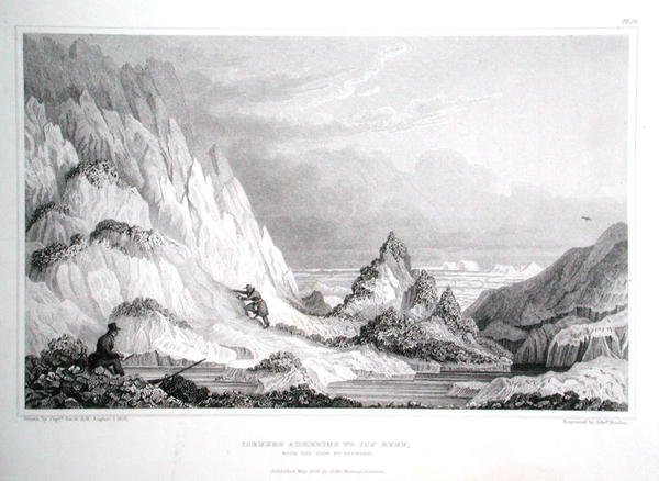 Góra lodowa przylegająca do lodowej rafy, z widokiem w kierunku morza, z „Narracji o podróży do brzegów Morza Polarnego w latach 1819-22” autorstwa sir Johna Franklina (1786-1847) rytowanego przez Edwarda Findena (1791-1857) opublikowany 1823-28 (grafika) autorstwa George (after) Back