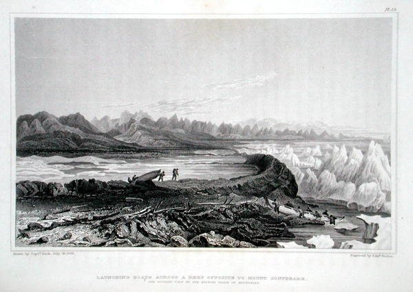 Wodowanie łodzi przez rafę naprzeciwko Mount Conybeare, z „Narracji o podróży do wybrzeży Morza Polarnego w latach 1819-22” autorstwa Sir Johna Franklina (1786-1847) rytowanego przez Edwarda Findena (1791-1857) opublikowanego w 1823 r. -28 (kolor grawerowa autorstwa George (after) Back