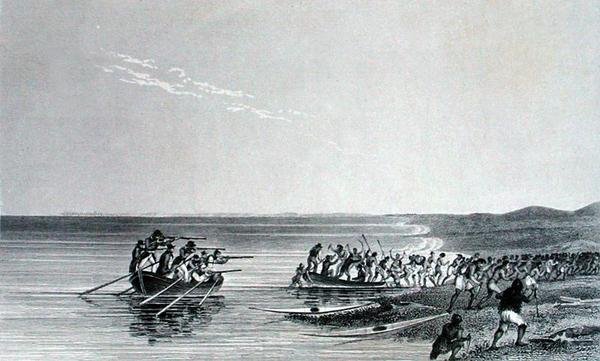 The Boats Getting Afloat, z „Narracji o drugiej ekspedycji do brzegów Morza Polarnego w latach 1825-27” autorstwa Sir Johna Franklina (1786-1847) rycina Edwarda Findena (1791-1857) opublikowana w 1828 roku (rycina) autorstwa George (after) Back