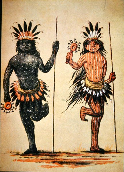 Taniec plemienny Mandan przedstawiający „Dzień” i „Noc”, z obrazu z ok. 1835 r. (kolor lito) autorstwa George (after) Catlin