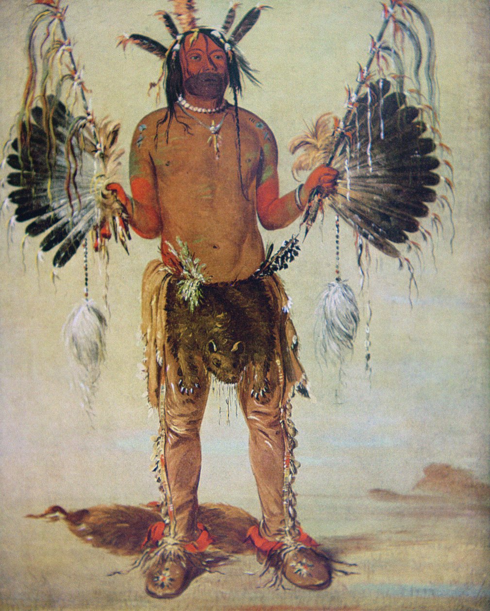 Szaman „Stary Niedźwiedź” z plemienia Mandan, z obrazu z 1832 r. (kolor lito) autorstwa George (after) Catlin