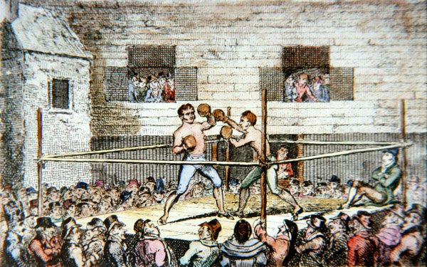 Mecz sparingowy na korcie piątek, Londyn, z ryciny wydanej w 1812 r. (kolor lito) autorstwa George (after) Cruikshank