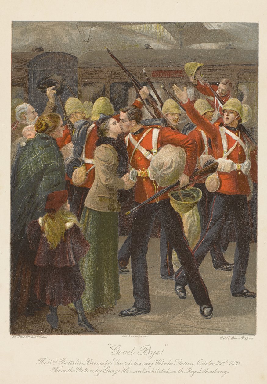 Do widzenia! 3. Batalion Grenadierów Gwardii Opuszczający stację Waterloo, 21 października 1899 (chromolitho) autorstwa George (after) Harcourt