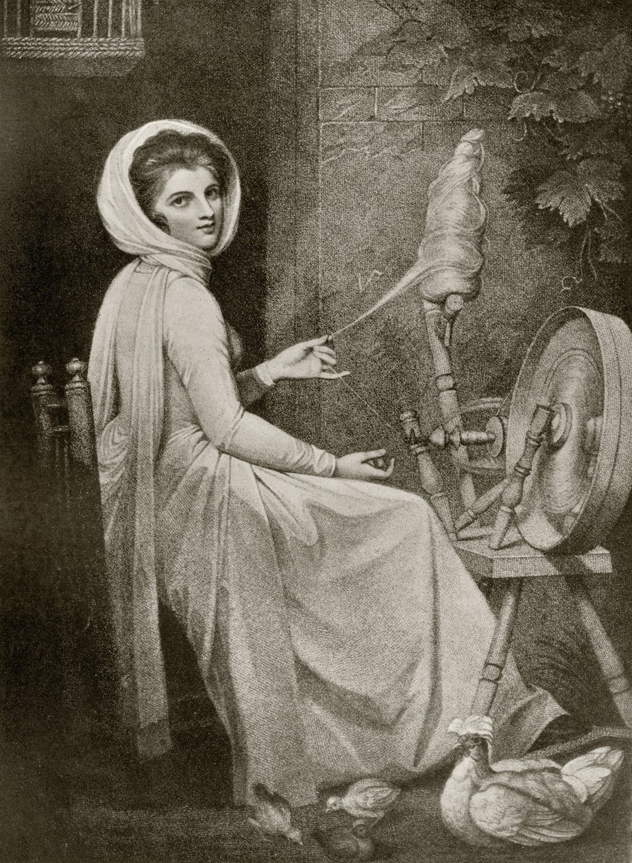 Lady Hamilton jako The Spinster, grawerowane przez Thomasa Cheesmana, z „The Print-Collector
