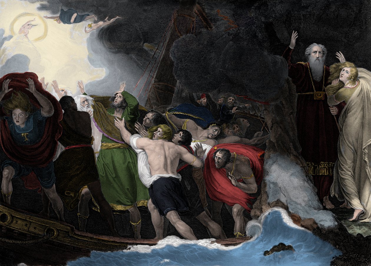Prospero i Miranda, tak, stoją na wyspie, gdy marynarze rozbijają się autorstwa George (after) Romney