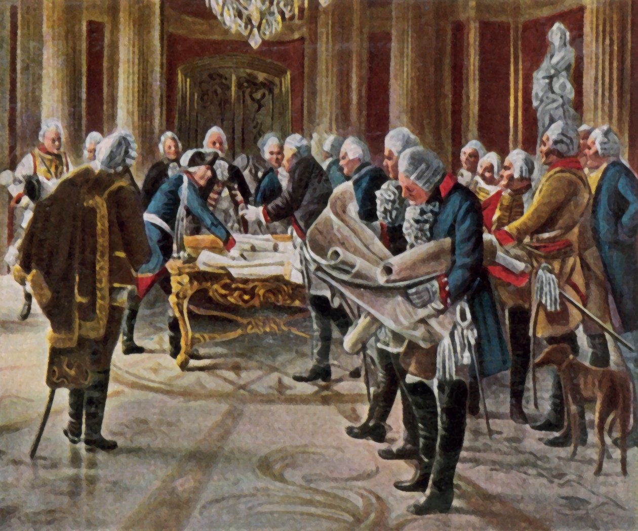 Fryderyk Wielki odbywa naradę wojenną ze swoimi generałami, sierpień 1756 r. (powiększona kolorowa litografia) autorstwa George (after) Schobel